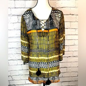 Cato Aztec Tribal Boho Geometric Blouse with Tassels Size Large